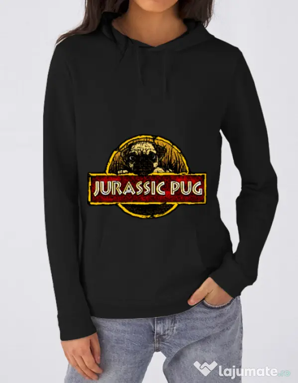 Hoodie dama cu gluga Jurassic Pug Negru