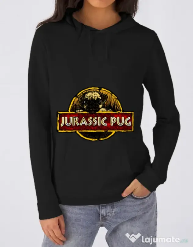 Hoodie dama cu gluga Jurassic Pug Negru