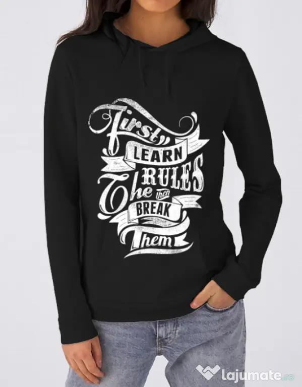 Hoodie dama cu gluga Learn the rules Negru