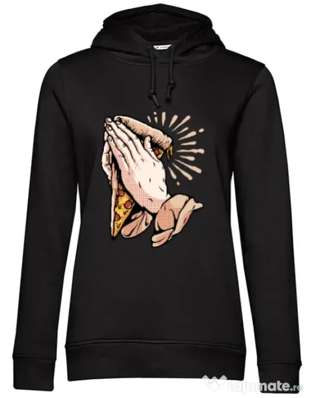 Hoodie dama cu gluga Pray for pizza Negru