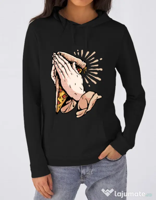Hoodie dama cu gluga Pray for pizza Negru