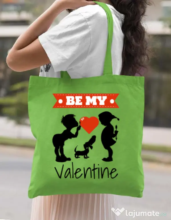 Sacosa din panza Be my valentine Verde mar