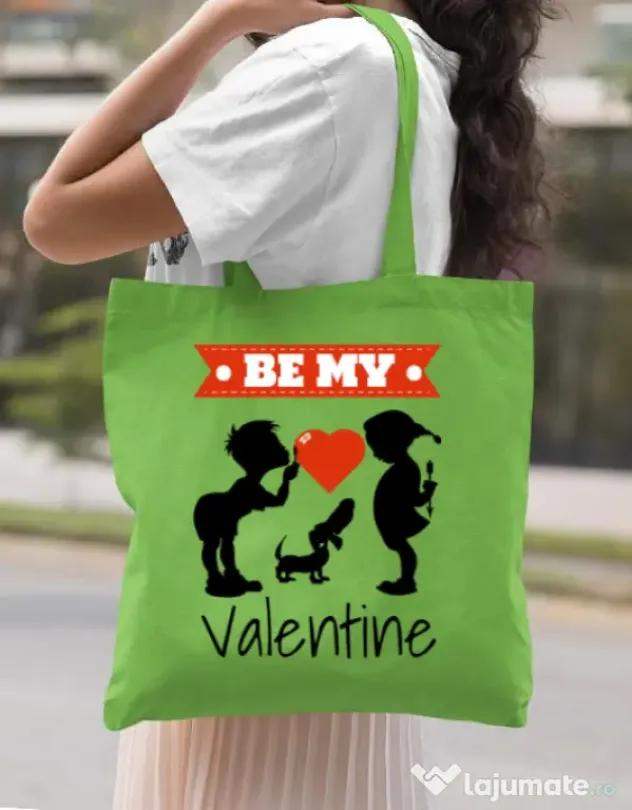 Sacosa din panza Be my valentine Verde mar