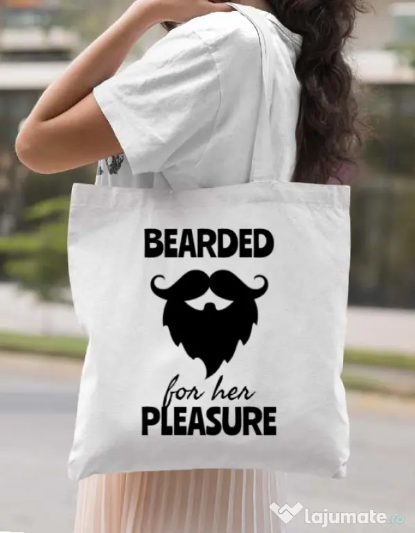 Sacosa din panza Bearded for her pleasure Alb