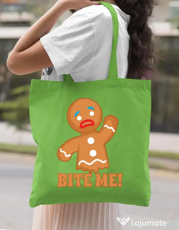 Sacosa din panza Bite me Verde mar