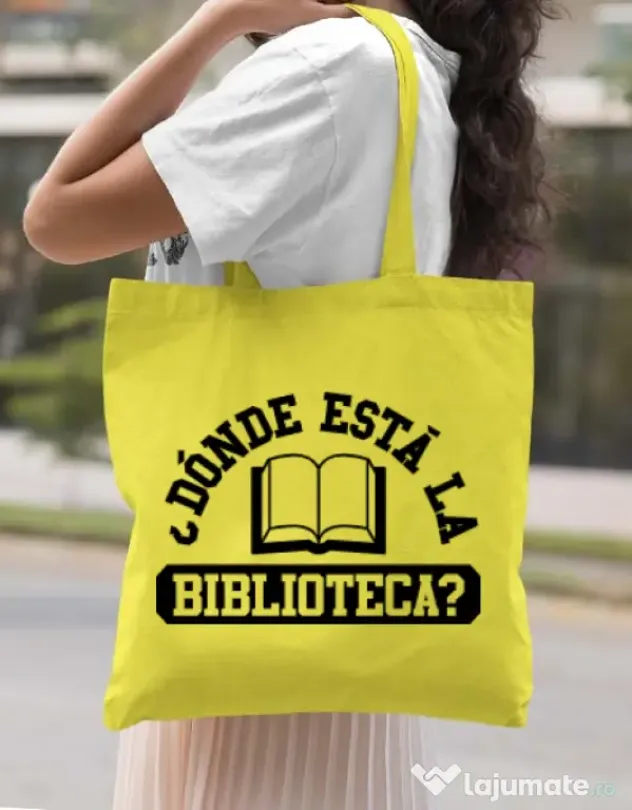 Sacosa din panza Donde esta la biblioteca Galben