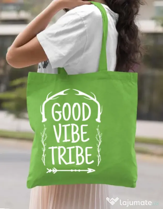 Sacosa din panza Good vibe tribe Verde mar