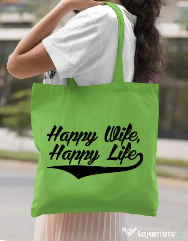 Sacosa din panza Happy life Verde mar