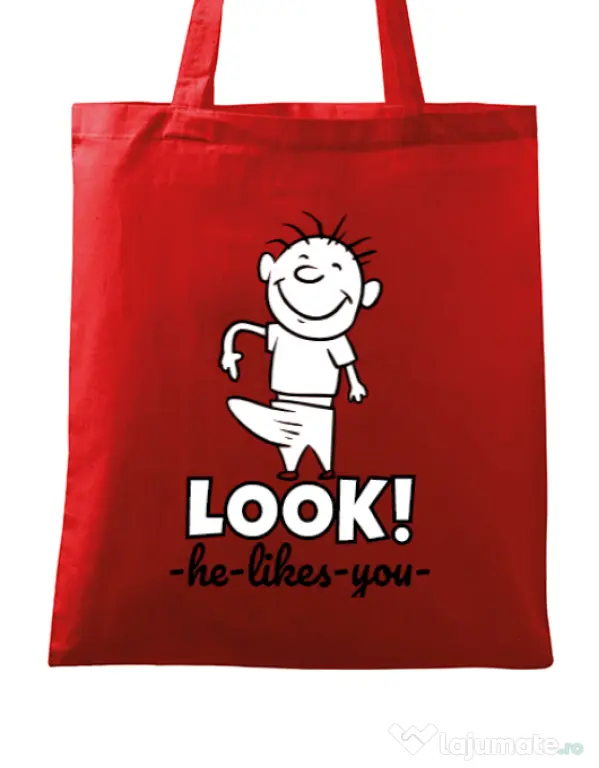 Sacosa din panza He likes you Rosu