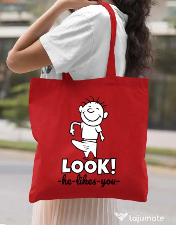Sacosa din panza He likes you Rosu