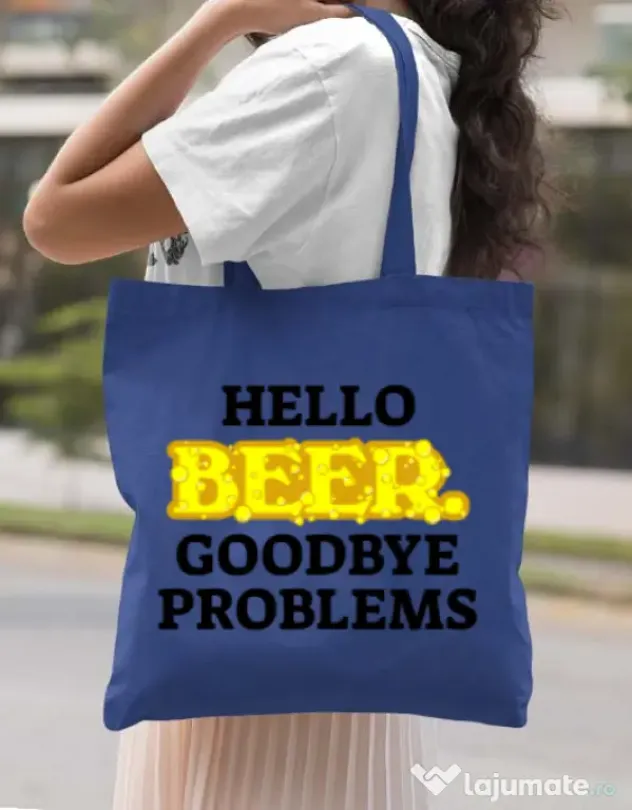 Sacosa din panza Hello beer Albastru regal