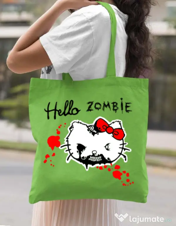 Sacosa din panza Hello zombie Verde mar
