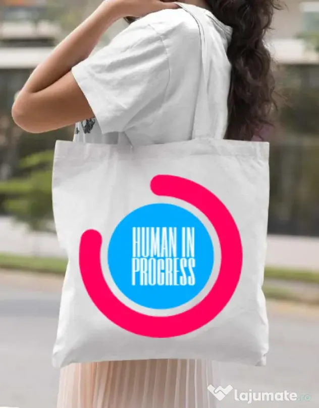 Sacosa din panza Human in progress Alb