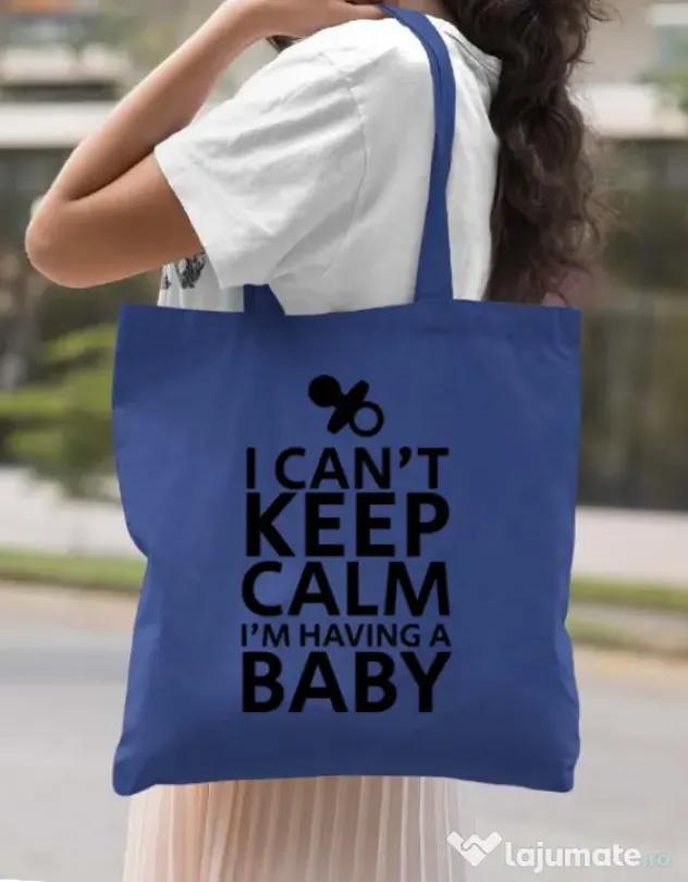 Sacosa din panza I am having a baby Albastru regal