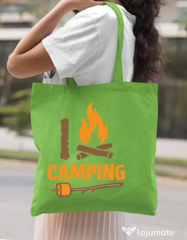 Sacosa din panza I love Camping Verde mar