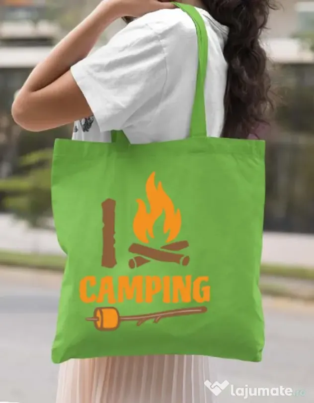 Sacosa din panza I love Camping Verde mar