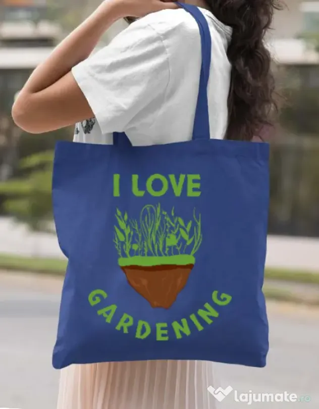 Sacosa din panza I love gardening Albastru regal