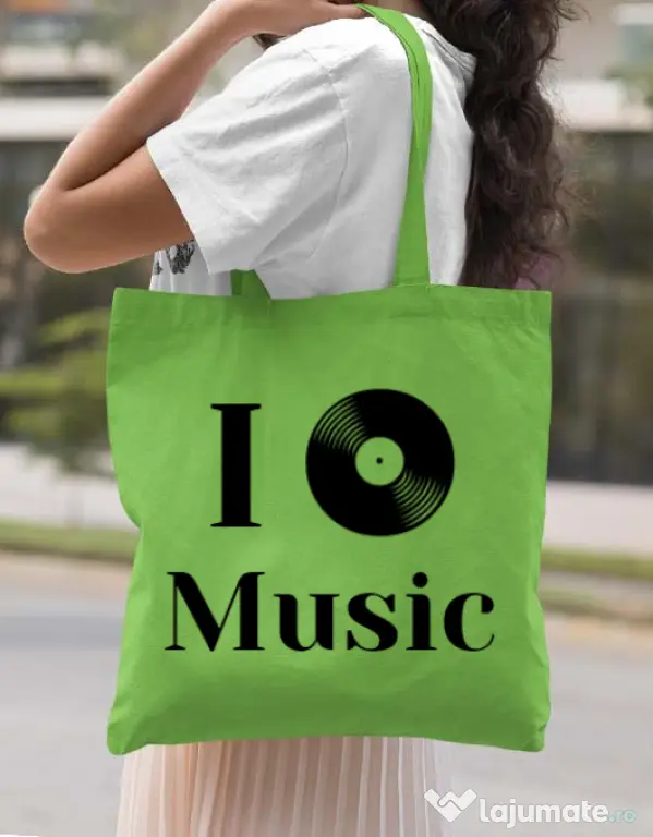 Sacosa din panza I love music Verde mar