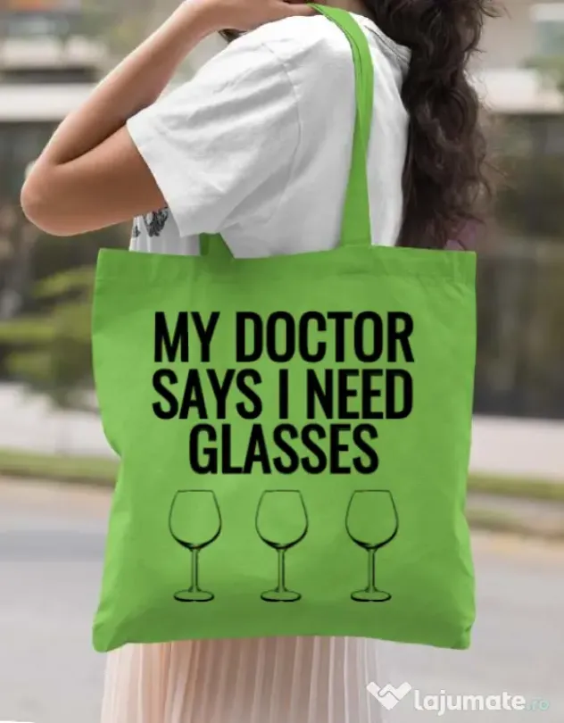 Sacosa din panza I need glasses Verde mar