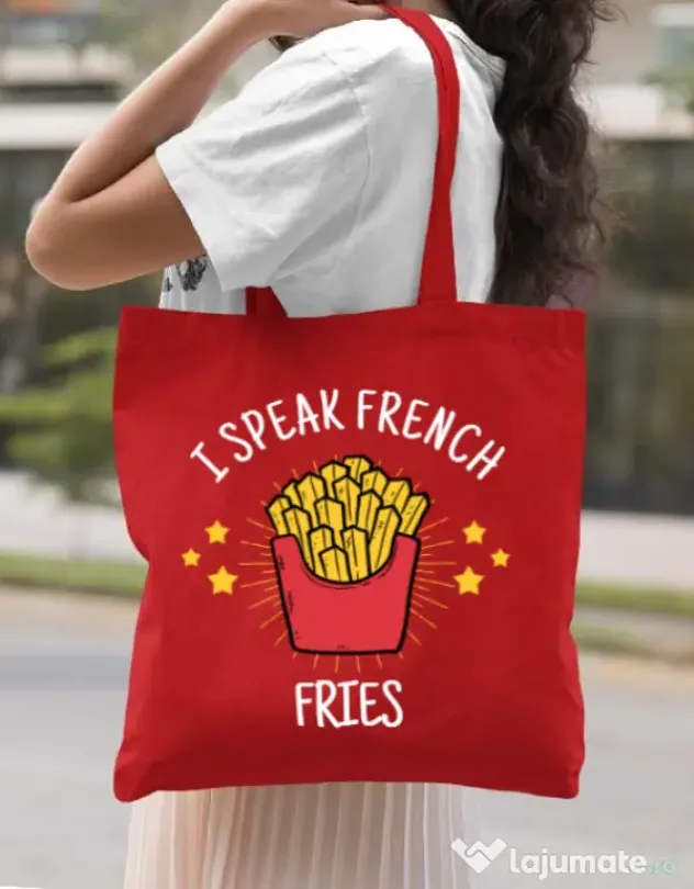 Sacosa din panza I speak french Rosu