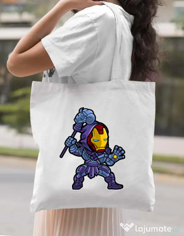 Sacosa din panza Iron Skeletor Alb
