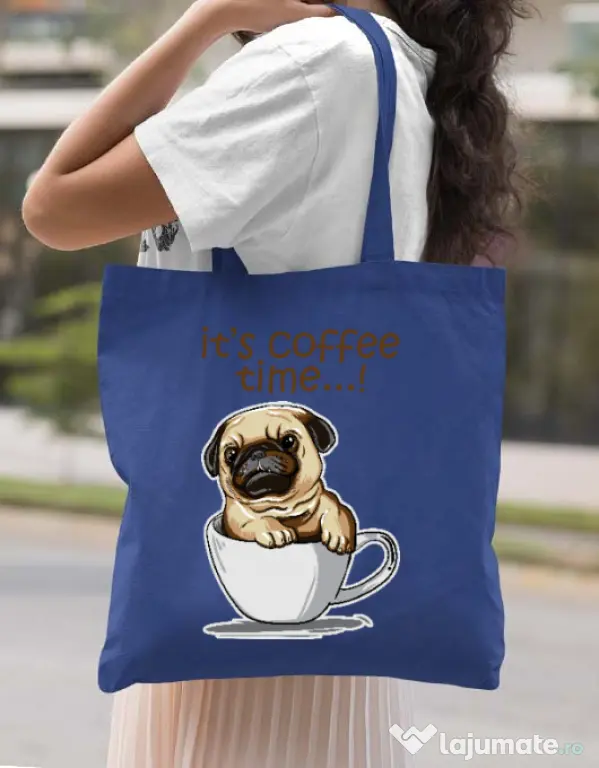 Sacosa din panza Its Coffee Time Albastru regal