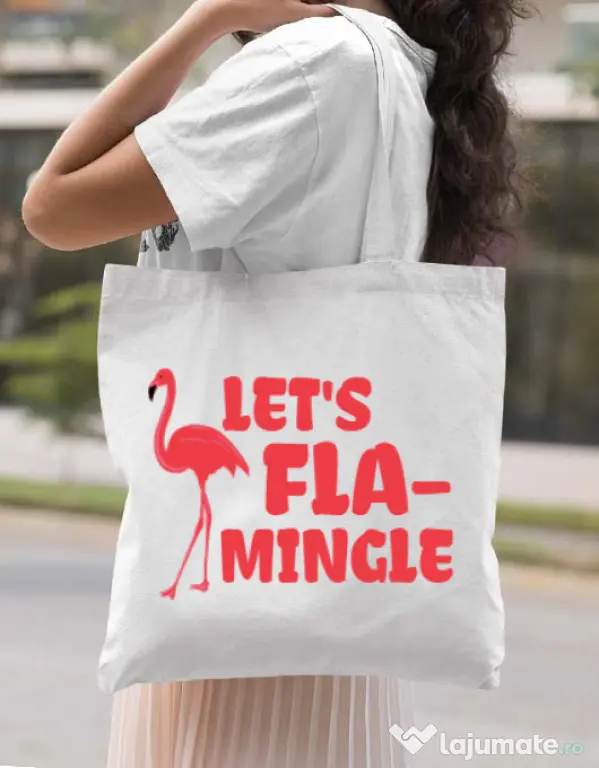 Sacosa din panza Let’s flamingle Alb