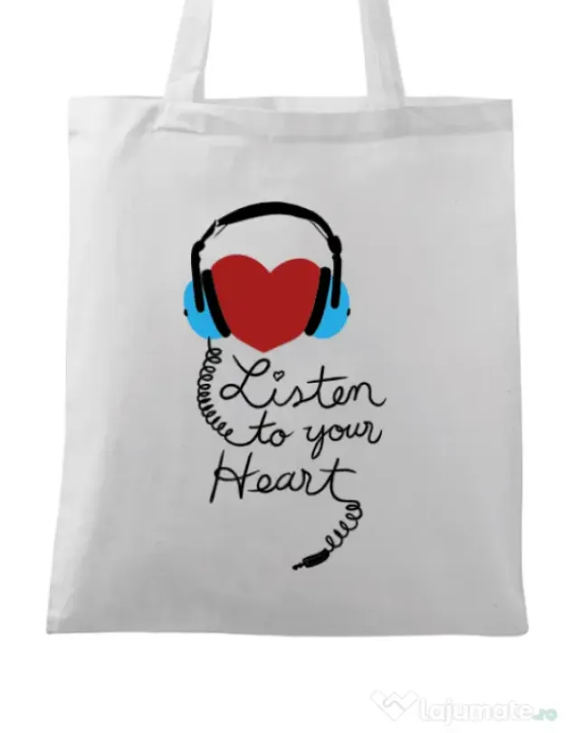 Sacosa din panza Listen to your heart Alb
