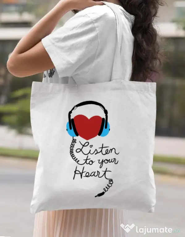 Sacosa din panza Listen to your heart Alb