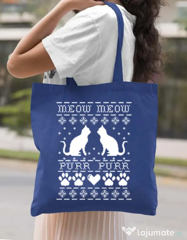 Sacosa din panza Meow purr Albastru regal