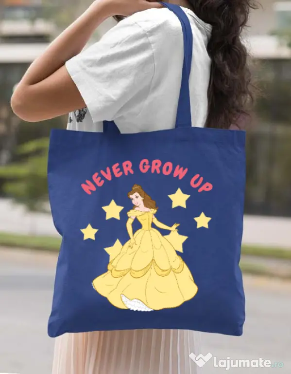 Sacosa din panza Never grow up Albastru regal