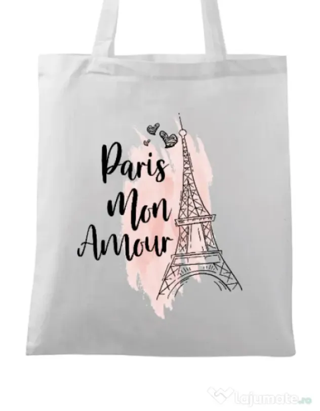Sacosa din panza Paris mon amour Alb