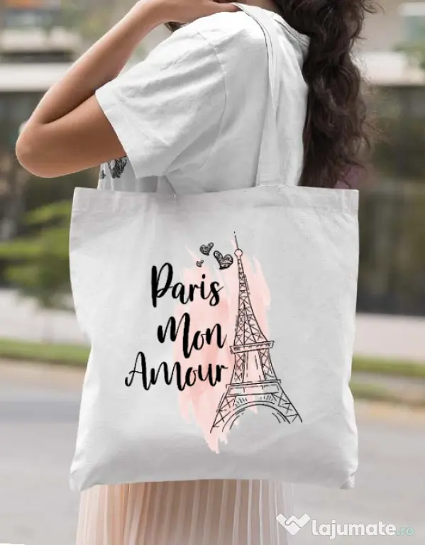 Sacosa din panza Paris mon amour Alb
