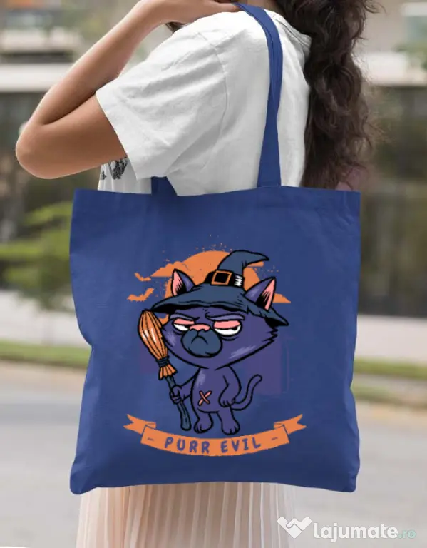 Sacosa din panza Purr halloween Albastru regal