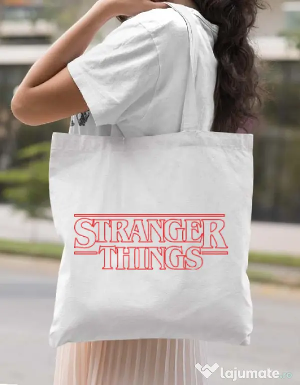 Sacosa din panza Stranger things outline Alb