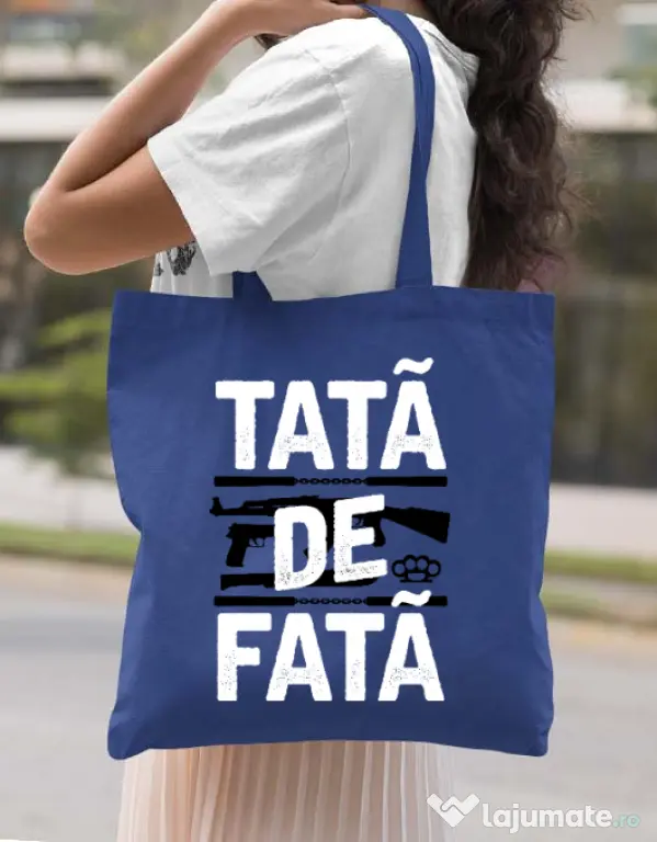 Sacosa din panza Tata de fata Albastru regal