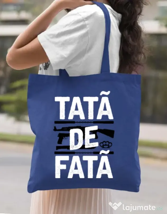 Sacosa din panza Tata de fata Albastru regal
