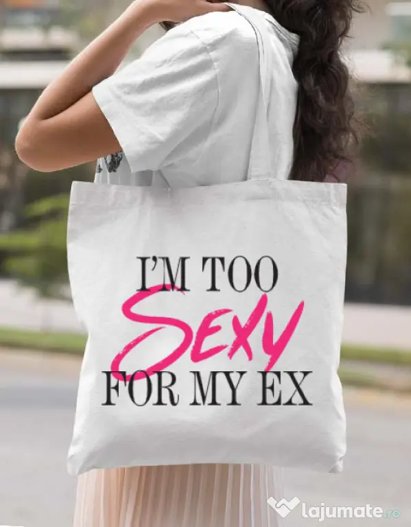Sacosa din panza Too sexy for my ex Alb