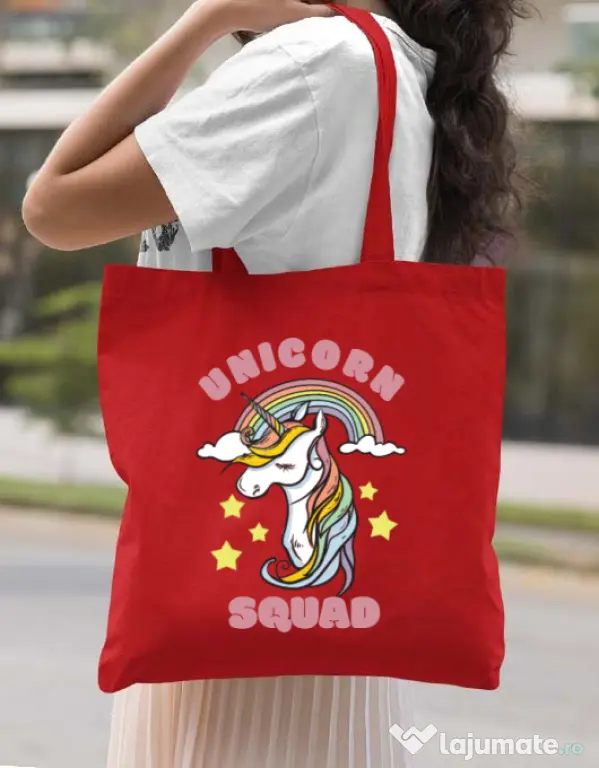Sacosa din panza Unicorn squad Rosu