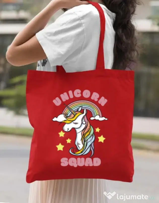 Sacosa din panza Unicorn squad Rosu
