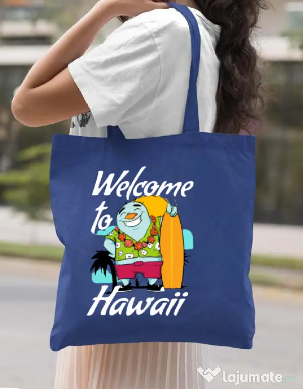 Sacosa din panza Welcome to Hawaii Albastru regal