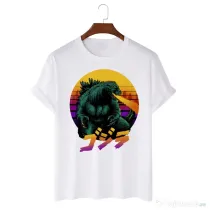 Tricou personalizat alb unisex Godzilla Retrowave
