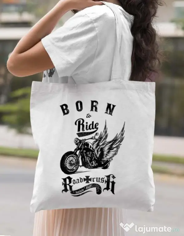 Sacosa din panza Born to ride Alb