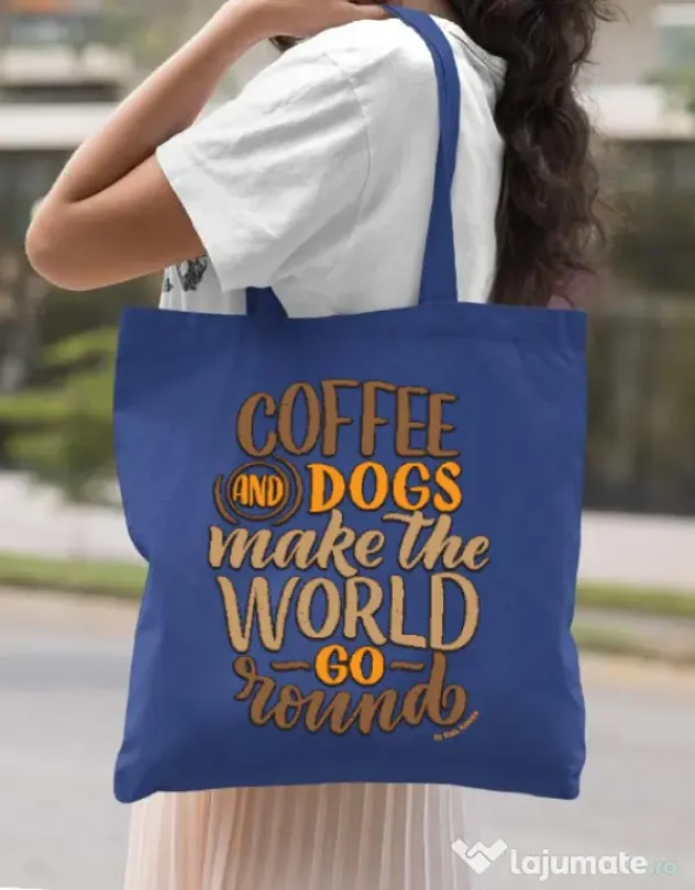 Sacosa din panza Coffee and dogs Albastru regal