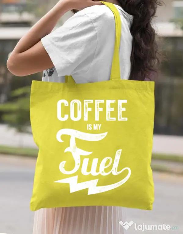 Sacosa din panza Coffee is my fuel Galben