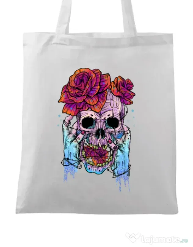Sacosa din panza Hand skull Alb
