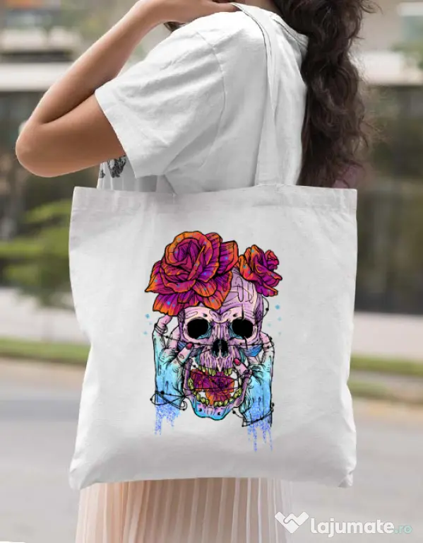 Sacosa din panza Hand skull Alb