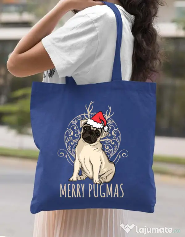 Sacosa din panza Merry pugmas Albastru regal
