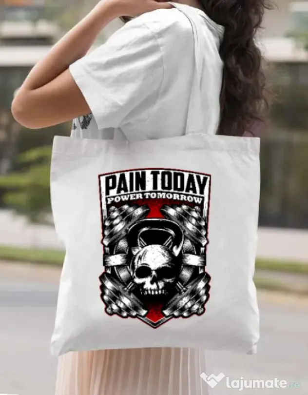 Sacosa din panza Pain today power tomorrow Alb