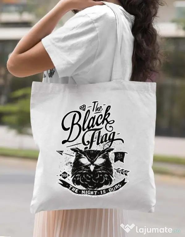 Sacosa din panza The black flag owl Alb